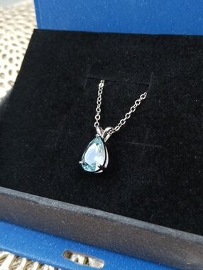 Teardrop CZ Blue / Aquamarine Silver Pendant Necklace